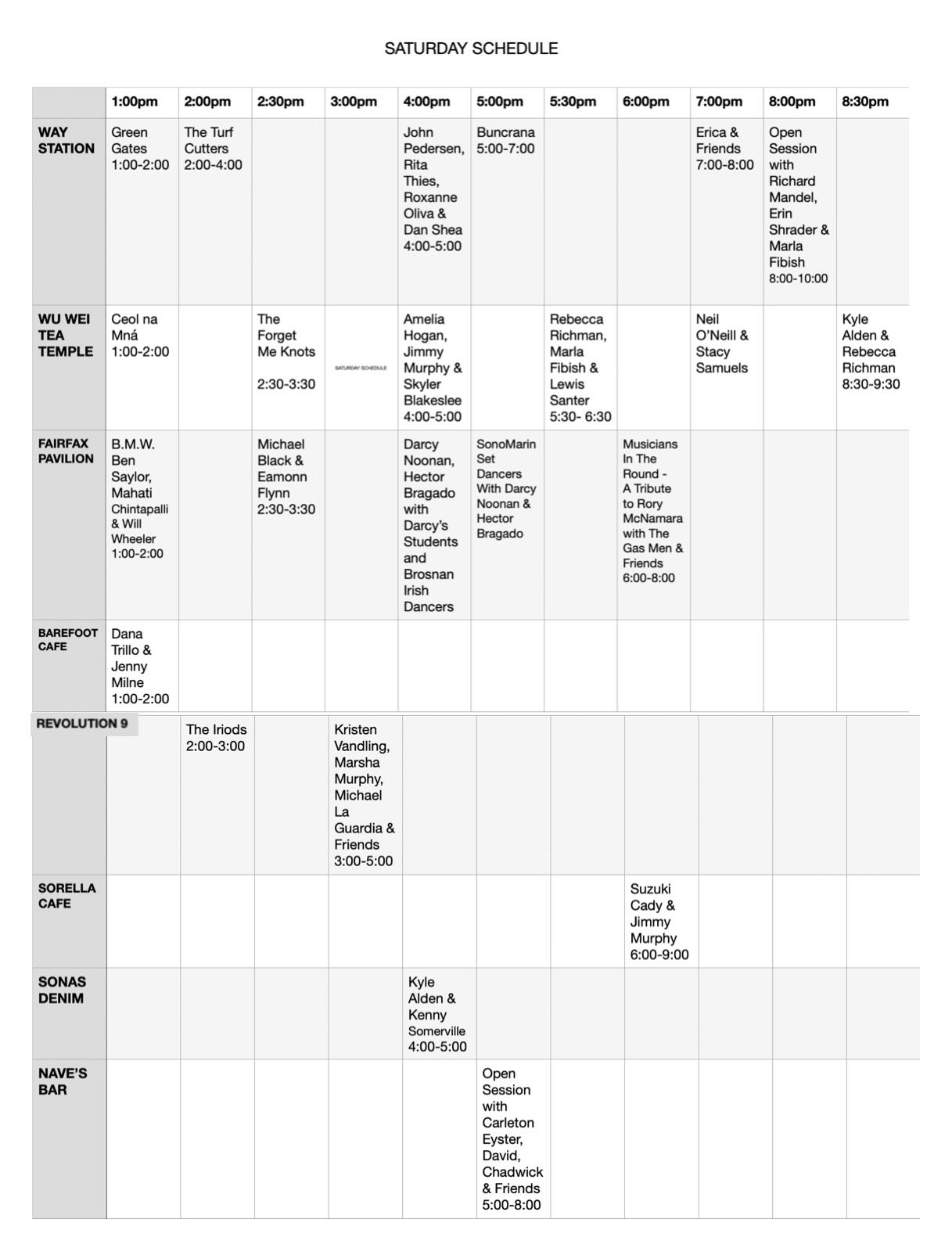 Saturday Schedule - subject to change