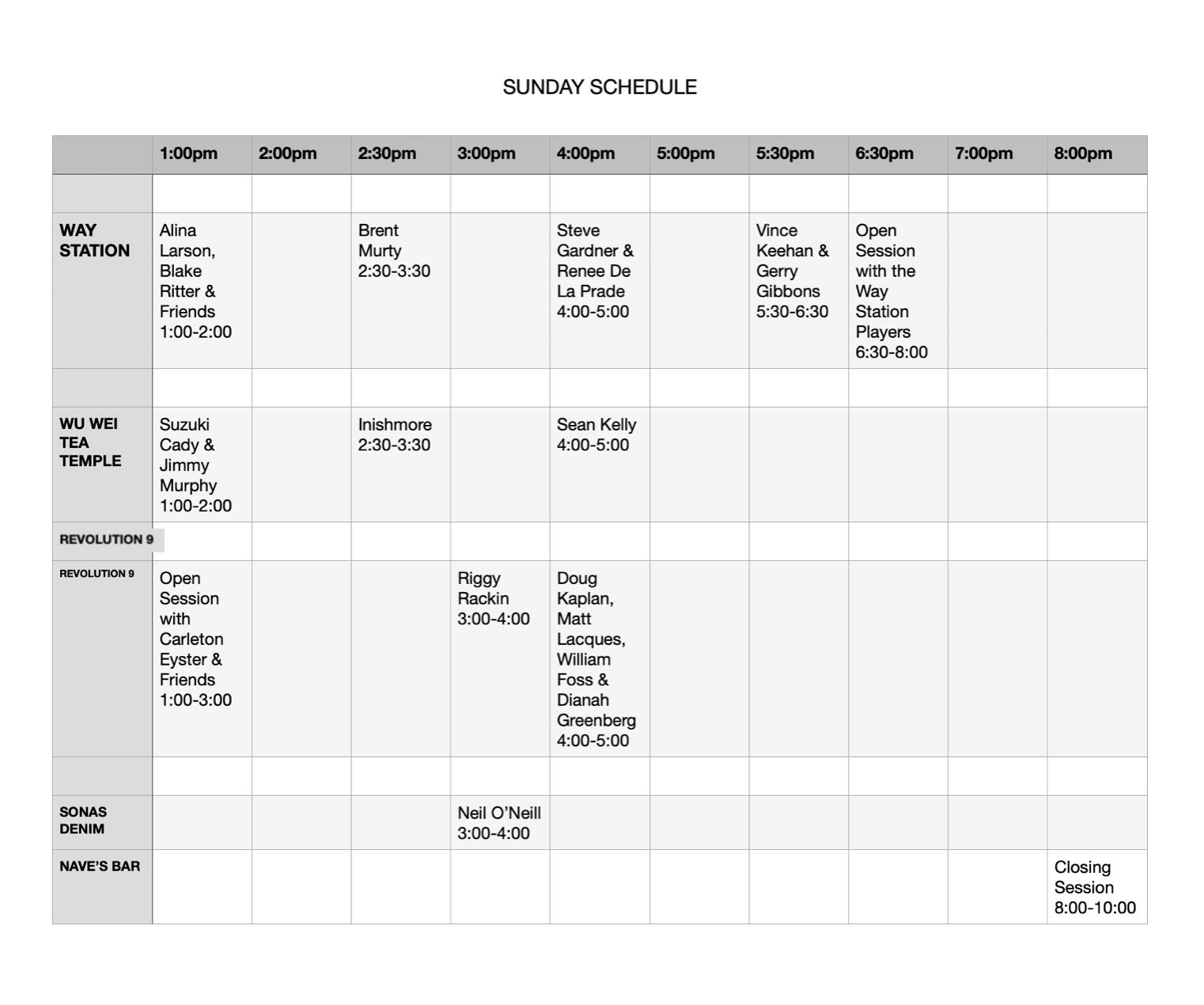 Saturday Schedule - subject to change